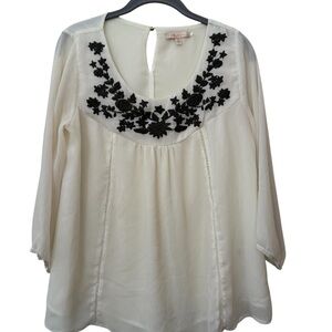 Skies Are Blue Cream Tunic with Black Floral Embroidery